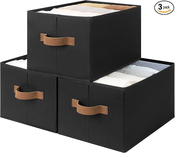 StorageWorks Storage Baskets for Shelves, Foldable Fabric Closet Storage Bins with Handles, Clothes Organizer Laundry Baskets, Black, 3-Pack, Large