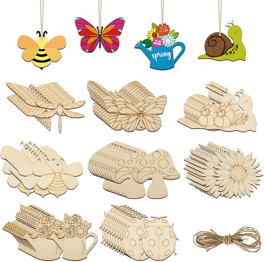 80PCS Wooden Spring Ornaments to Paint, 8 Styles DIY Blank Unfinished Wood Cutouts Ornament for Home Crafts Hanging Decorations, Insect Dragonfly Butterfly Snail Watering Can Mushroom Flower Shape