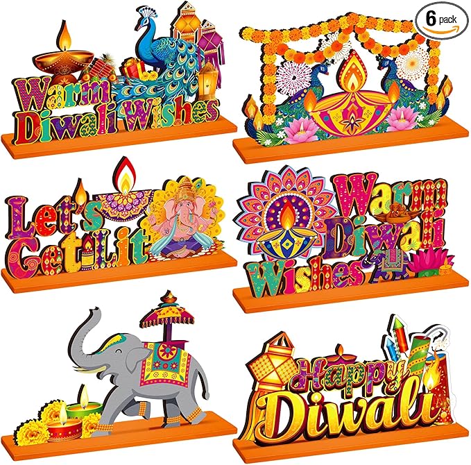 6 Pcs Diwali Wooden Table Centerpiece Warm Diwali Washes Wooden Table Sign Festival Candle Elephant Peacock Signs Farmhouse Wood Tabletop Decor for Home Party, 6 Styles
