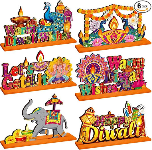 6 Pcs Diwali Wooden Table Centerpiece Warm Diwali Washes Wooden Table Sign Festival Candle Elephant Peacock Signs Farmhouse Wood Tabletop Decor for Home Party, 6 Styles