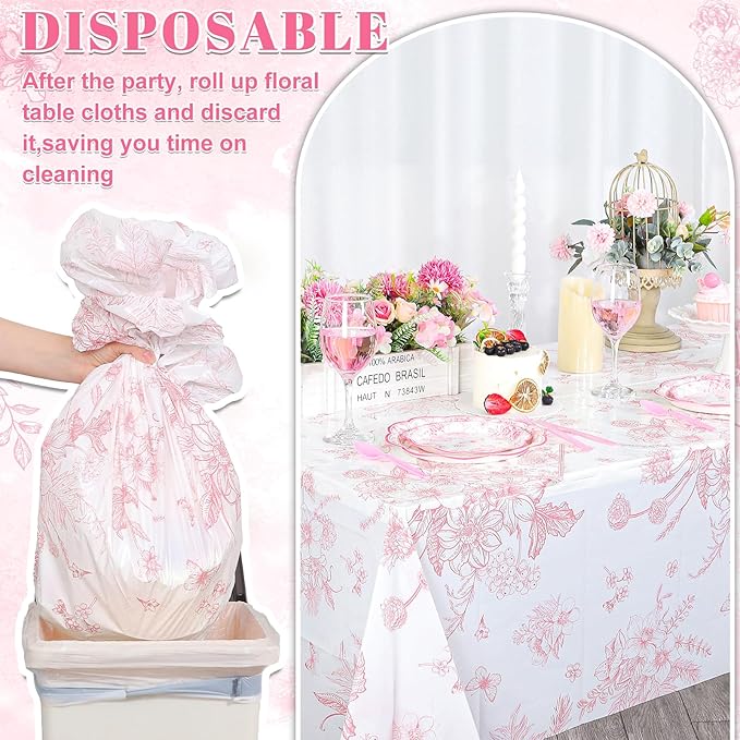 3 Pack Pink Floral Plastic Tablecloths, 54 X 108Inch Tea Party Tablecloth Disposable Vintage Table Cloths Pink and White Porcelain Tables Decor for Birthday Garden Wedding Tea Party Supplies