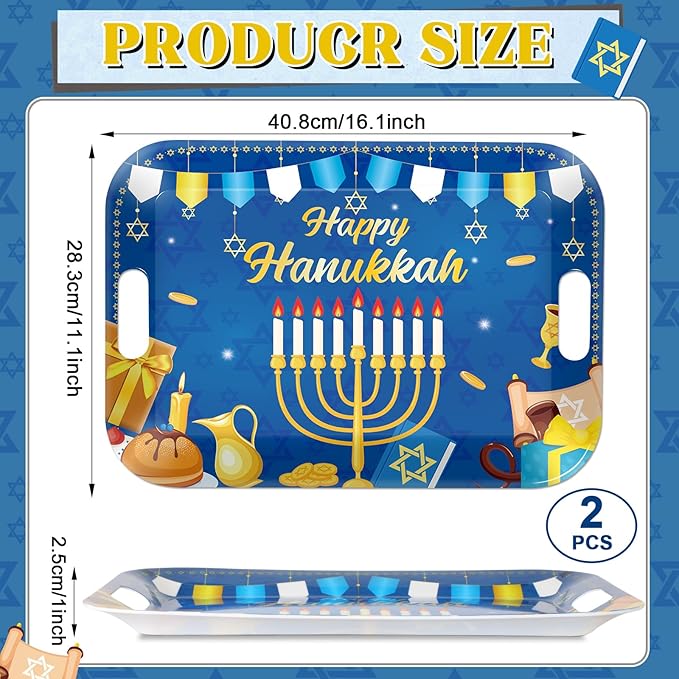gisgfim 2Pcs Happy Hanukkah Serving Trays with Handles 16 x 11 Inch Large Melamine Tray Rectangular Jewish Chanukah Serving Platter Menorah Blue White Tray Melamine Dishes for Serving Dinner Dessert