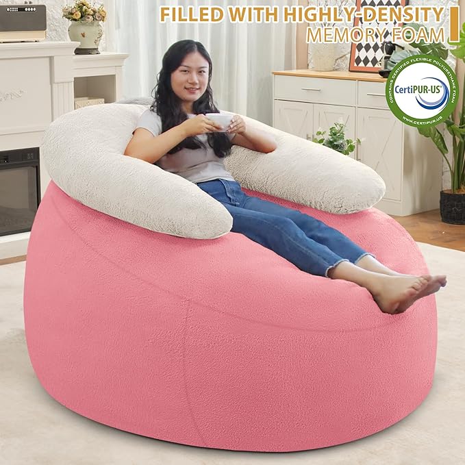 HABUTWAY Bean Bag Chair with U-Shaped Pillow - Faux Fur Fabric (Beige-Light Pink)