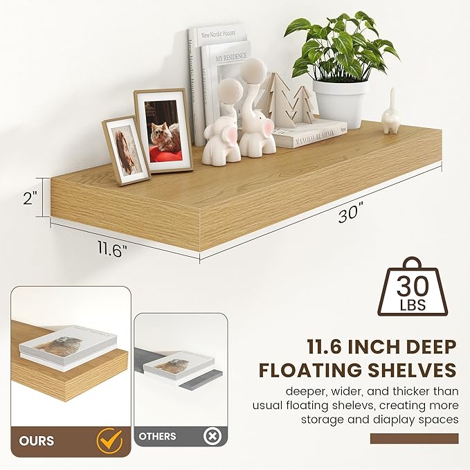 Deep Floating Shelves for Wall | 30 Inch Wide x 12 Inch Deep Floating Shelves | 30W x 12D Rustic Oak Wide Wall Shelves | Bookshelf Laundry Shelf TV Shelf