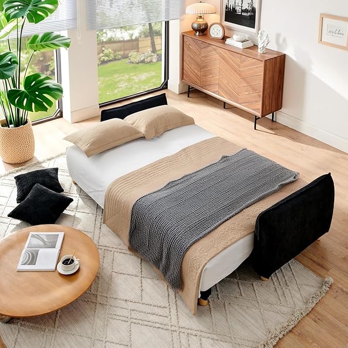 Convertible Sofa Bed, 90" Full Size Sleeper Sofa with Storage, Tufted Chenille 3 Seat Sofa Couches for Living Room, Small Spaces, Guest Room, Apartment, Black