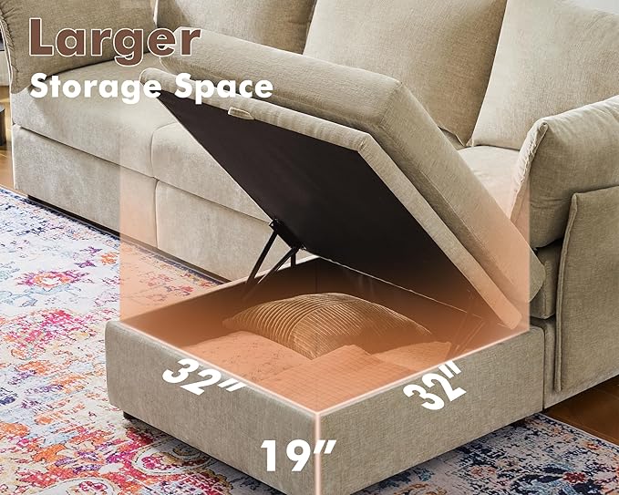 Luxury Modular Sectional Sofa, L-Shaped 3-Seat Couch with Storage Ottoman Deep Seat & Reversible Chaise Lounge Chenille Beige for Compact Spaces, Apartments, Dorm