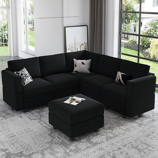 Belffin Modular Sectional Sofa with Storage Seats Velvet L Shaped Corner Couch Convertible Sectional Sofa with Chaise Black