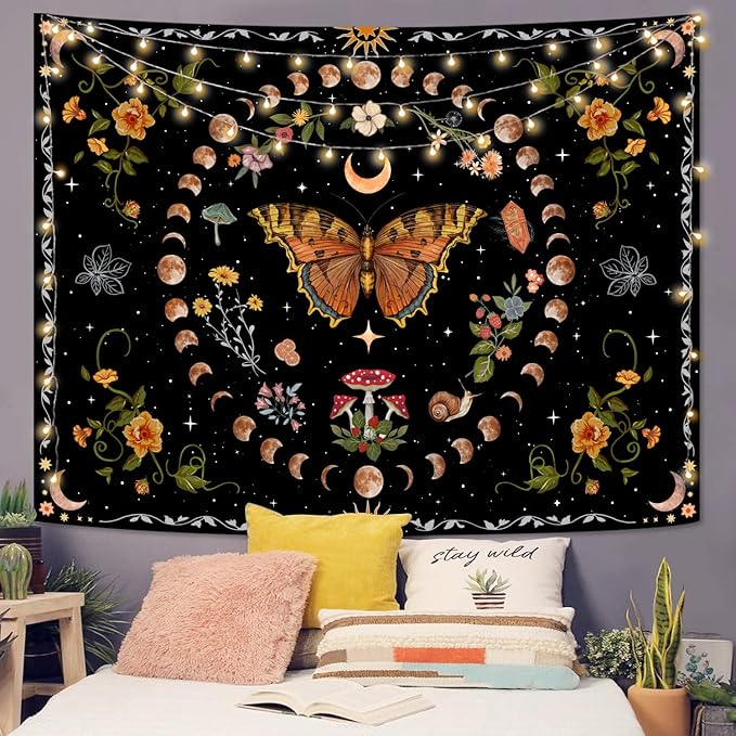 Aipon Orange Butterfly Moon Flower Tapestry Botanical Floral Plant Boho Tapestry for Bedroom Aesthetic Vintage Tapestries Wall Hanging for Living Room Dorm (60.00'' × 80.00'', Orange)