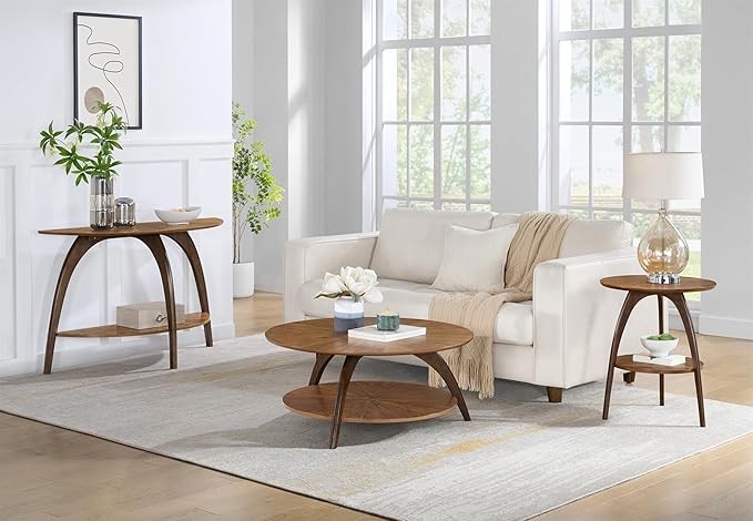 Martin Svensson Home LAX Two-Tone 20-Inch Caramel Brown Round Wood End Side Table with Walnut Legs and Shelf Storage