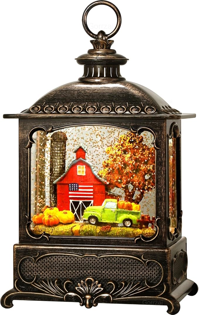 Fall Snow Globe Lantern Fall Decorations for Home Thanksgiving Gifts Autumn Harvest Fall Decor Swirling Glitter Snow Globes Barn Truck Pumpkin Farm