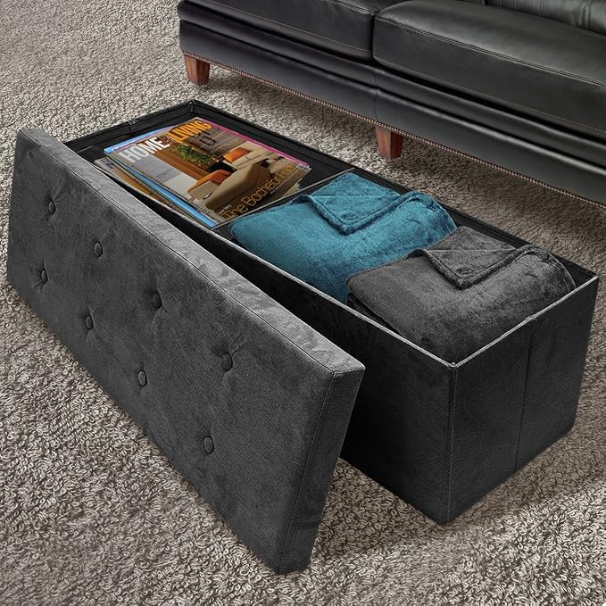 Sorbus Storage Ottoman Bench – for Living Room, Hallway, End of Bed, Bedroom Bench 43 in Large Folding Chest Seat Trunk w/Cover – Blankets, Coffee Table, Foot Rest– Tufted Velvet Linen Fabric (Black)