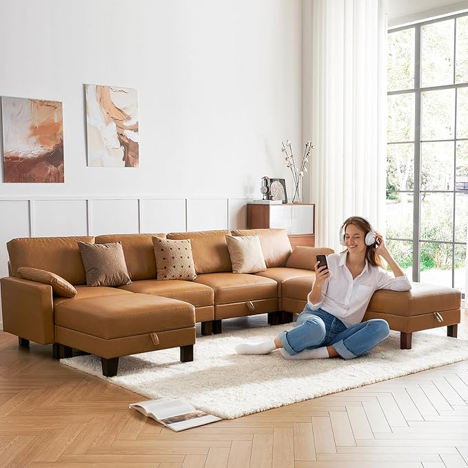 Faux Leather Modular Sofa Couch 128" Modern 7-Seat Sofa with Chaises, Upholstered Sectional Couch with Wood Square Legs for House, Living Room, Reception Room, Apartment, Tan