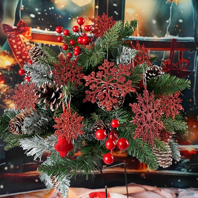 36pcs Red Christmas Snowflake Ornaments, Plastic Glitter Hanging Snow Flakes for Christmas Tree Decorations Winter Wonderland Frozen Birthday Party Holiday Home Decor Craft Snowflakes