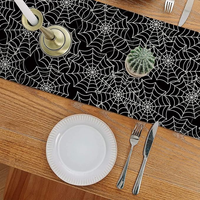 Halloween Table Runner Spider Web Black Linen Table Runners for Seasonal Holidays Indoor Outdoor Kitchen Dining Party Home Decor 13 x 120 Inch