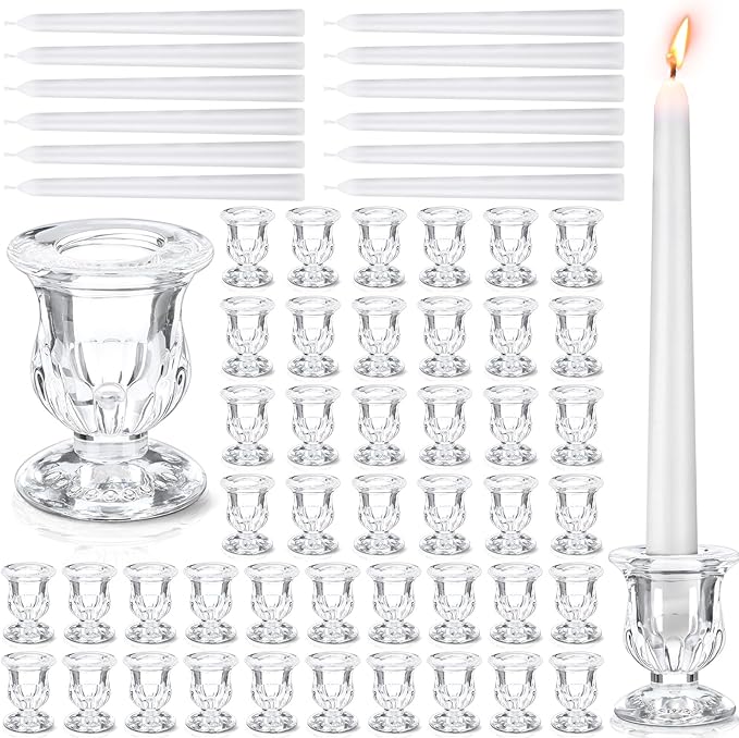 96 Pcs Glass Taper Candle Holders Bulk 2. 5 Inch Clear Candlestick Holder with Long Tapered Candles Candle Sticks Set for Table Centerpiece Wedding Christmas Party Decoration