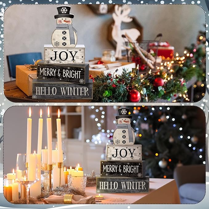 4 Pcs Snowman Christmas Decor Winter Table Decorations Christmas Tiered Tray Decor Winter Centerpiece Decorations Indoor Rustic Wooden Snowman Block Sign Gift Farmhouse for Home Kitchen