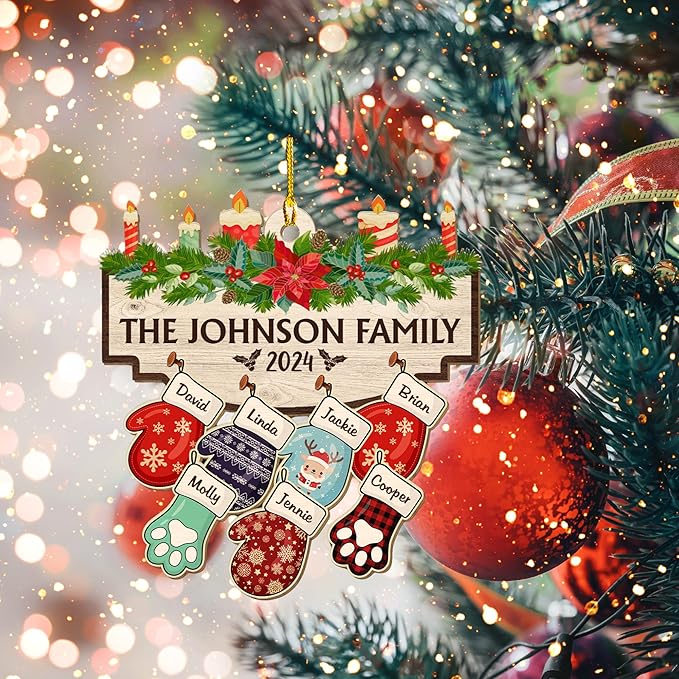Family with Pet Ver 2 - Personalized Custom Wood Ornament, Family Gloves Christmas Ornament 2024, Xmas Ornament Gifts for Family Tree Decoration (A06, 5 Names)
