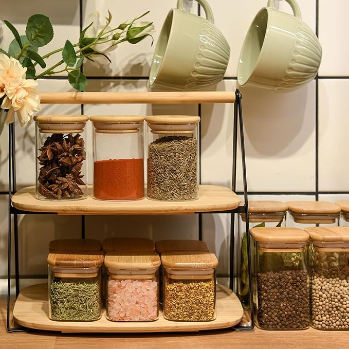 Glass Food Storage Jars Square 10oz, 12 Pack Glass Jars With Bamboo Lids, Kitchen Storage Containers For Spice, Candy, Cookie, Storage For Pantry Organizers