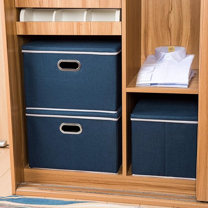 PRANDOM Extra Large Collapsible Storage Bins with Lids [5-Pack] Linen Fabric Foldable Storage Baskets Boxes Organizer Containers Cube with Cover for Bedroom Closet Office Nursery (22.8x15.75x13.8)