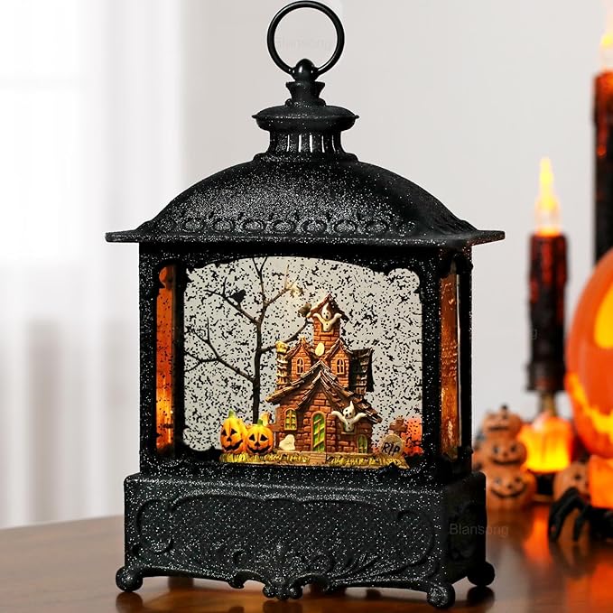 Halloween Snow Globe Lantern Ghost Snow Globe Halloween Decorations for Home Haunted House Pumpkin Ghost Tree Crow Rip Dancing Bats with Timer, USB and Battery Powered 12 inch