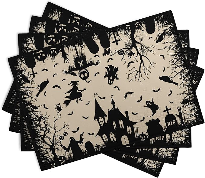 Halloween Placemats 12x18 Inch Set of 4 Black White Witch Castle Ghost Place Mats Spooky Haunted House Bats Tree Crow Table Mat for Party Kitchen Dining Outdoor Indoor Decor