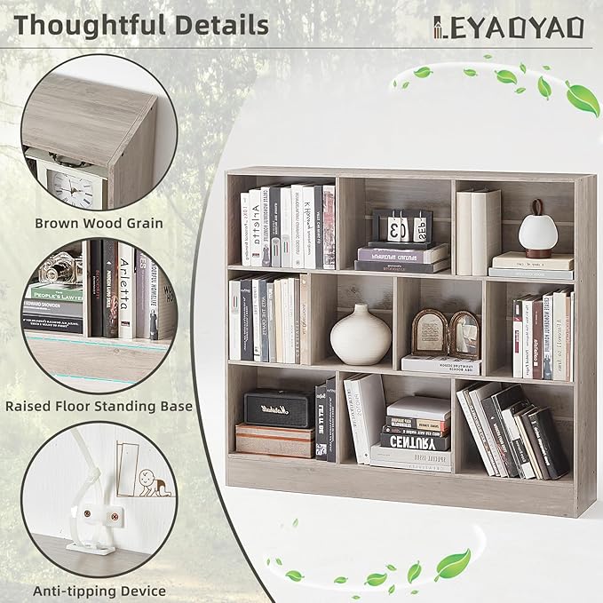 LEYAOYAO 10 Cube Bookshelf with Base,3 Tier Mid-Century Modern Grey Bookcase,Standing Wide Bookshelves Storage Organizer Shelf,Rustic Wood Display Cabinet Book Shelves for Bedroom,Living Room,Office