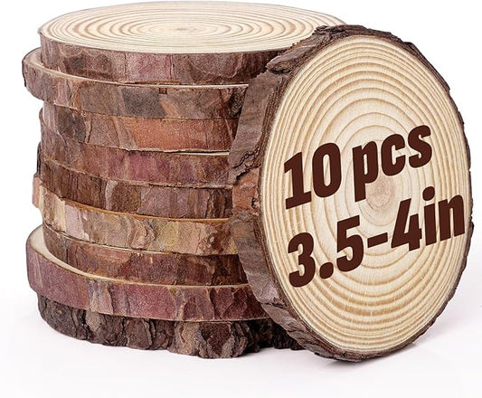 FUMILE Unfinished Natural Wood Slices 3.5-4 Inch, 10 PCS Round Wooden Discs with Tree Bark, Wood Rounds for Crafts Christmas Ornaments, Wood Circles for Rustic Wedding Decoration