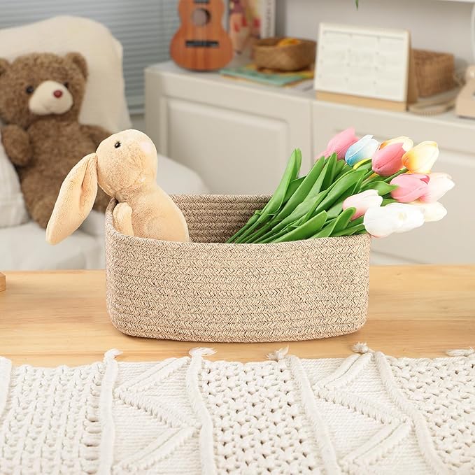 Small Storage Baskets for Organizing | Closet Organizer Bins | Shelf Toy Basket | Woven Rope Baskets | Cube Decorative Box | Shallow Basket | 11.5x7.5x4.7” | 4 Packs Mixed Brown