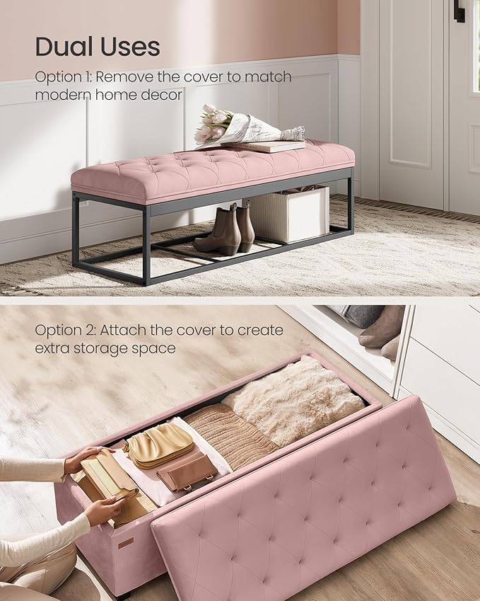 SONGMICS Velvet Storage Ottoman Bench, Foot Rest with Legs, 15.7 x 43 x 15.7 Inches, End of Bed Bench, Storage Chest, Load up to 660 lb, for Living Room, Bedroom, Entryway, Jelly Pink ULSF089R01