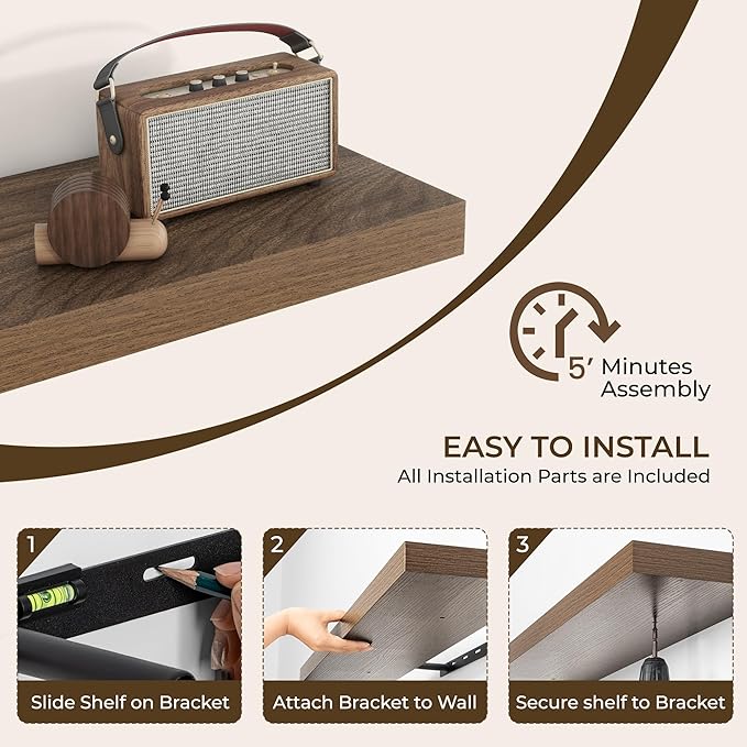 RICHFOCUS 24Inch Floating Shelves for Wall 2 Pack Shelves for Bedroom|Kitchen|Bathroom Wall Mounted Rustic Wood Floating Shelf with Invisible Brackets for Books|Storage|Decor, Walnut