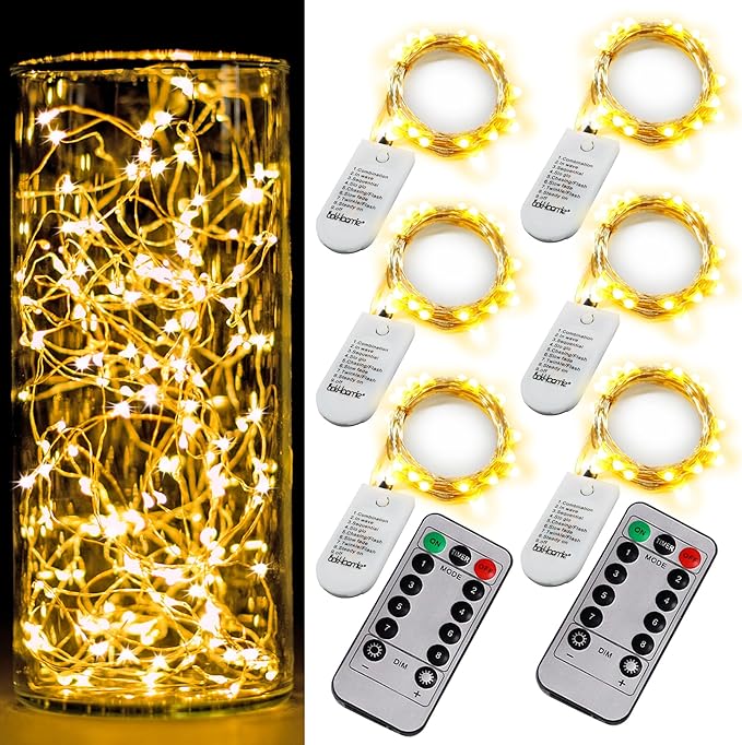 6 Pack Fairy Lights Battery Operated with Timer 2PCS Remote 6.5ft 20LED Warm White Twinkle Lights Waterproof Silver Wire Fireflies Lights DIY Mason Jar Wedding Party Christmas Centerpiece Table Deco