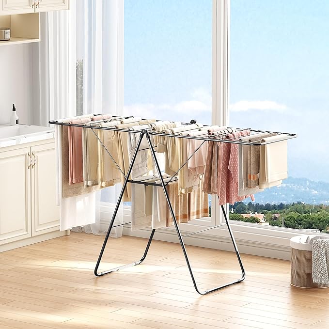APEXCHASER Clothes Drying Rack, Oversized Drying Rack Clothing with Height-Adjustable, Foldable Gullwings Metal Laundry Rack, Indoor Outdoor Use, No Assembly, Black