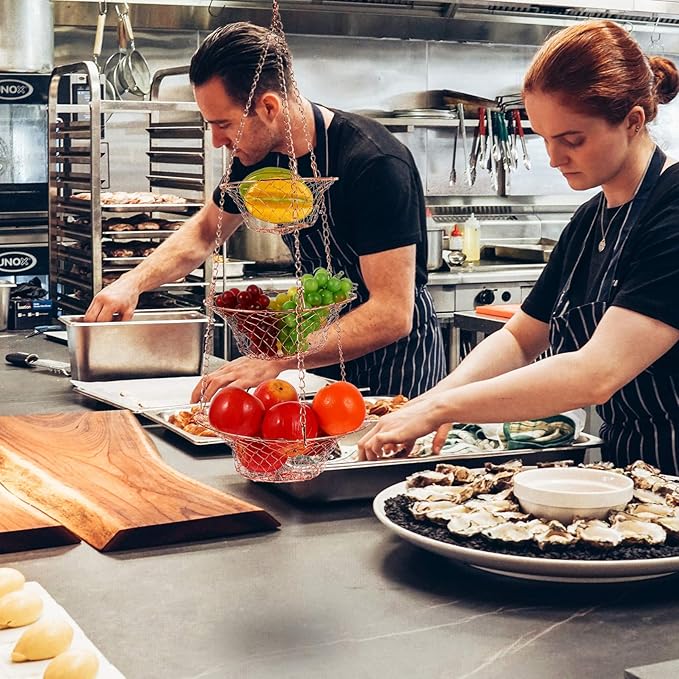 Yardwe 3 Tier Hanging Fruit Baskets Copper Wire Basket Fruit Vegetable Kitchen Storage Organizer Rustic Country Decor Round Metal Copper