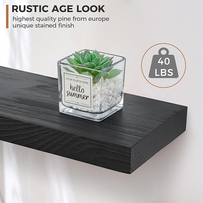 Fun Memories Handcrafted European Pine Floating Shelves - Natural Rustic Wooden Wall Shelf Set of 2-24 Inch Storage Shelf Display Shelf for Kitchen Bathroom Living Room Bedroom Farmhouse - Black