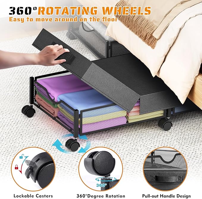 2 Pack Under Bed Storage with Wheels, 36" Lengthen Underbed Storage Containers with Lids, Large Capacity Under Bed Shoe Storage, Metal Clothes Organizer, Storage Box for Clothing Shoes Blankets Sheet