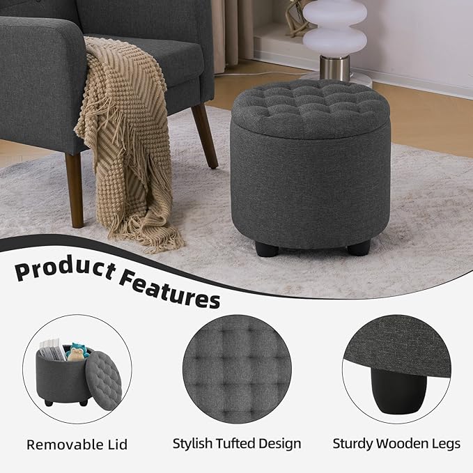 Furniliving 18.7inch Storage Round Ottoman, Footstools with Hidden Storage with Removable Lid, Stylish Button Tufted Design Ottoman Foot Stools for Living Room, Bedroom，Darkgrey