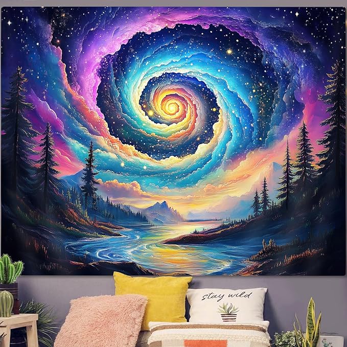 Galaxy Space Tapestry, Cool Colorful Trippy Forest Mountain River Aesthetic Tapestries, Psychedelic Starry Sky Swirls Misty Fantasy Landscape Tapestry Wall Hanging College Bedroom for Guys Men 80X60
