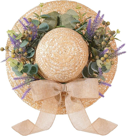 Dilicoming Spring Eucalyptus Wreaths for Front Door - 16 Inch Summer Fall Straw Hat Wreath with Bow, Women Gift, Indoor Outdoor Wreaths for Wall, Window, Farmhouse, Party, Holiday Home Décor