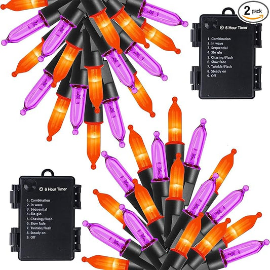 WATERGLIDE 2 Pack 50 LED Outdoor Halloween Lights, 16 FT Mini String Light with 8 Modes, Waterproof Battery Operated Tree Lights for Indoor Outdoor Patio Garden Party Decoration, Orange & Purple