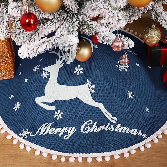 30 Inch Christmas Tree Skirt, Burlap Blue Christmas Rustic Tree Skirt with Elk Deer and White Snowflake Printed for Holiday Party Xmas Tree Decoration