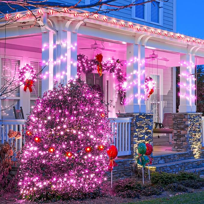 2 Pack Christmas Lights Outdoor, Total 200FT 600LED String Lights for Outside with 8 Modes Waterproof, Green Wire Twinkle Tree Lights for Indoor Room Patio Garden Party Decorations, Pink