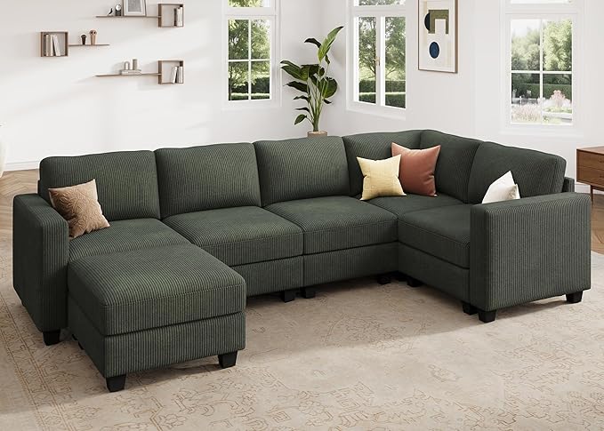 HONBAY U-Shaped Corduroy Sectional Couch with 6 Seaters Modular Sectional Sofa with Storage Sectional Couches for Living Room, Green