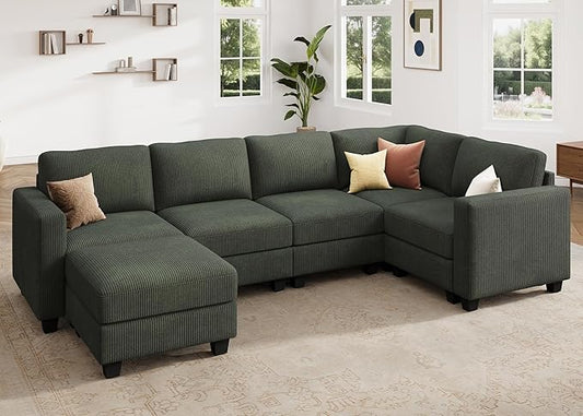 HONBAY U-Shaped Corduroy Sectional Couch with 6 Seaters Modular Sectional Sofa with Storage Sectional Couches for Living Room, Green