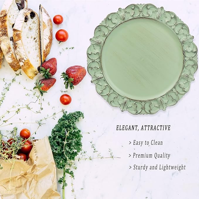 Green Charger Plates Set of 6, Decorative Table Plastic Chargers for Dinner Plates, Party, Wedding, Thanksgiving, Christmas, FD2GR