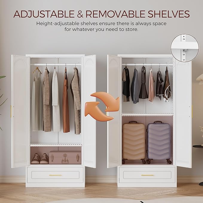 Metal Armoire Wardrobe Closet with 2 Doors, 71" Tall Wardrobe Cabinet with Hanging Rod, Drawers and Adjustable Shelves, White Clothing Storage Cabinets for Bedroom, Home Office