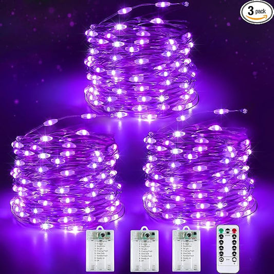 3 Pack Fairy Lights Battery Operated with Remote & Timer, 26 FT 80 LED Halloween String Lights Outdoor Indoor Decoration, 8 Modes Twinkle Lights for Halloween Party Christmas Bedroom Décor (Purple)