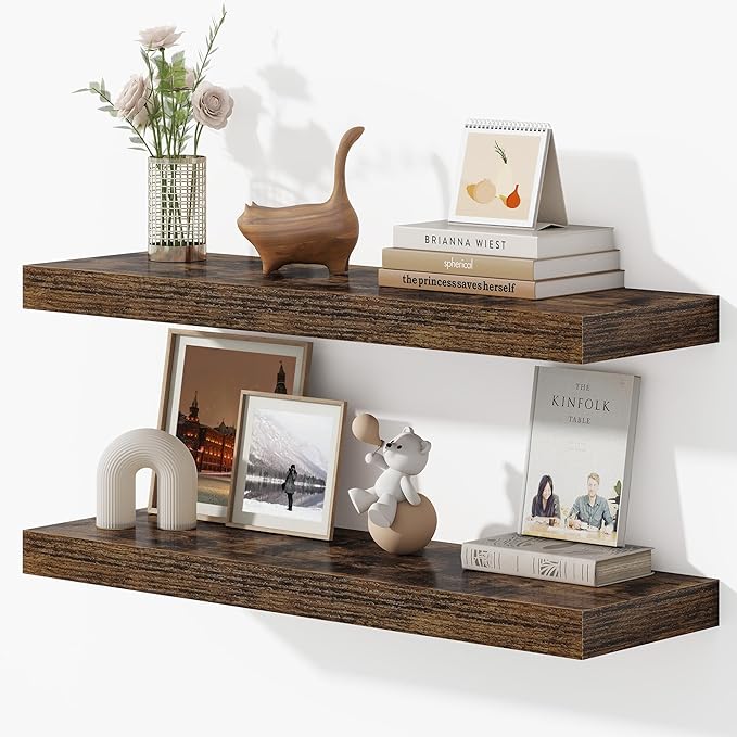Dreamland 32 Inches Floating Shelves for Wall, 9.3" Deep Long Floating Shelves Set of 2, Large Display & Storage Shelf, Wall Shelf for Bathroom Bedroom Living Room Kitchen Office, Rustic Brown