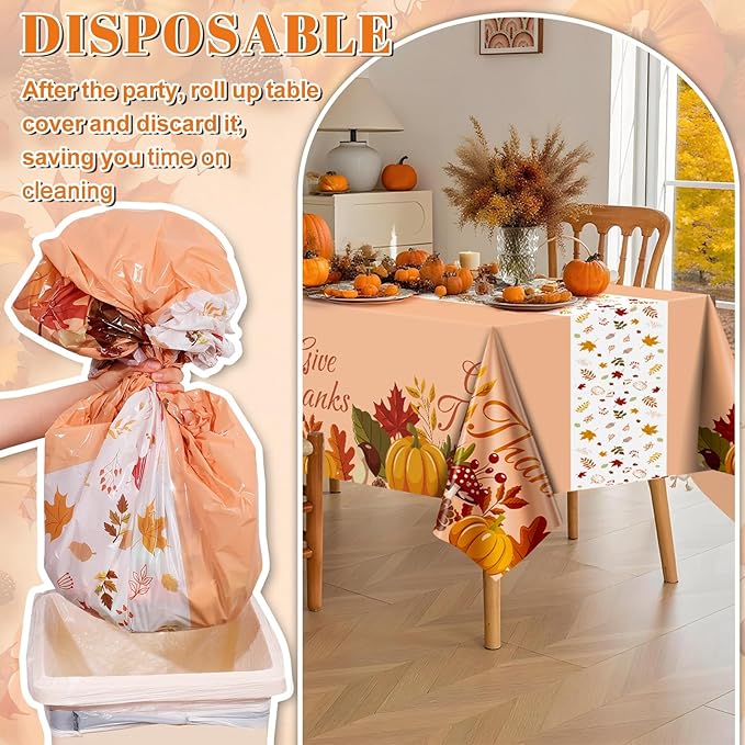 3 Pack Fall Harvest Plastic Tablecloths, 54 x 108 inch Autumn Pumpkin Maple Leaf Table Cloth for Rectangle Tables Disposable Tables Cover Fall Harvest Party Decor for Home Dinner Picnic Thanksgiving