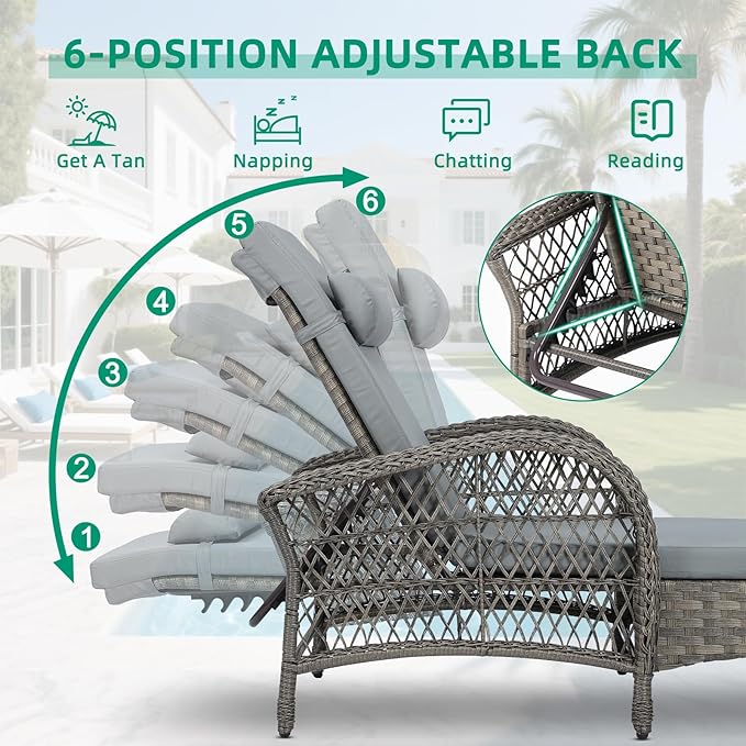 VIVIJASON Outdoor Wicker Chaise Lounge Chair, All-Weather PE Rattan Cushioned Patio Lounger Chair, 6-Position Adjustable Pool Sunbathing Recliner with Armrest & Pillow for Poolside Deck Yard, Gray