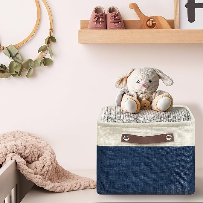 SIMPLE HOUSEWARE Large Fabric Storage Bin, 15" x 11" with Leather Like Handles, 3 Pack, Steel Blue